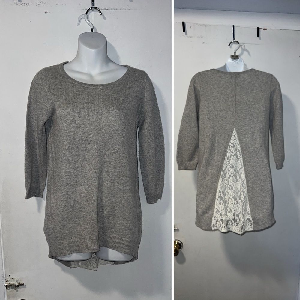 THE LIMITED Grey 3/4 Sleeve Lace Back Sweater-XS
